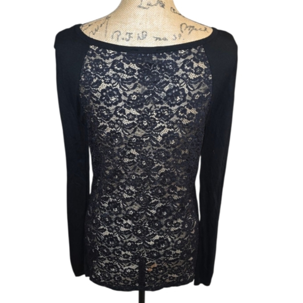 Dkny Black Long Sleeve Lace Back Lightweight Embellished Blouse Size Small‎